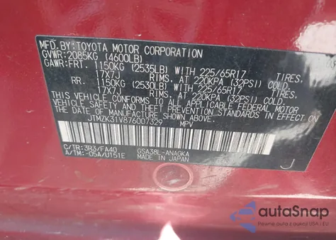 2007 Toyota Rav4 Limited V6 from USA, damaged, VIN JTMZK31V876007329